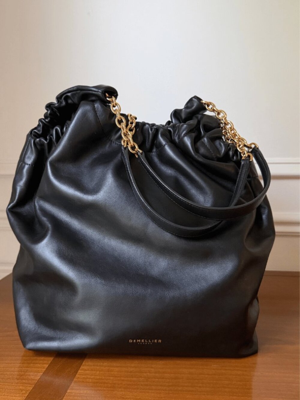 DeMellier London Large Miami Black Leather Tote Bag with Gold Chain Handles